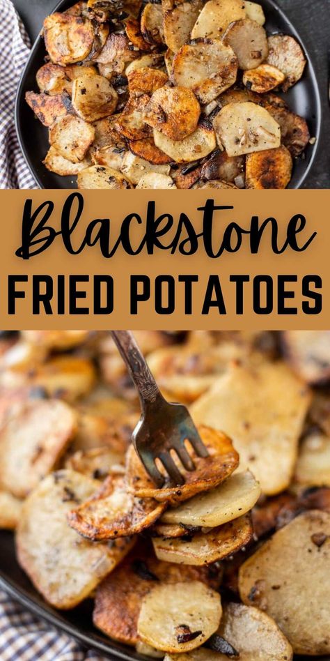 Blackstone Fried Potatoes Recipe - grillonadime.com Steak Sides On Blackstone, Burger Sides On Blackstone, Blackstone Roasted Veggies, Blackstone Meat And Veggies, Drumsticks On Blackstone Griddle, Fried Potatoes On The Blackstone, Blackstone Mushrooms, Grilling On Blackstone, Unique Griddle Recipes