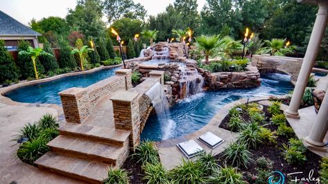 Colleyville Lazy River Project | Farley Pool Designs | United States Backyards With Pools, Backyard River, Backyard Lazy River, Lazy River Pool, Contemporary Backyard, River Design, Large Backyard Landscaping, Dream Backyard Pool, Luxury Swimming Pools