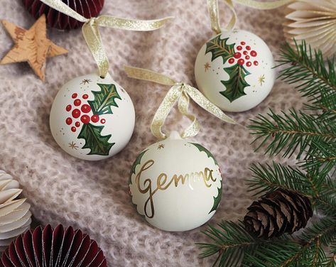 Bauble Painting, Ceramic Baubles, Earthy Pink, Hand Painted Bauble, Blue Baubles, White Baubles, Personalised Christmas Baubles, Handcrafted Ornaments, Painted Christmas Ornaments