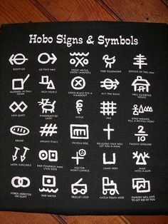 Hobo Signs & Symbols by hal2thsnd, via Flickr Hobo Code, Hobo Signs, Hobo Symbols, Ciphers And Codes, Symbols And Meanings, Symbolic Tattoos, Ancient Symbols, Survival Tips, Useful Life Hacks