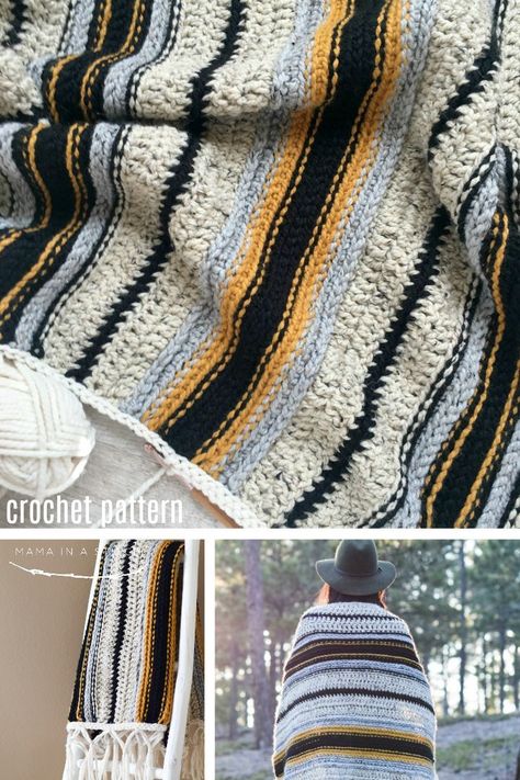 This crocheted blanket is so beautiful and looks woven! I love the boho style and authentic look of the Mexican striped serape. The free crochet pattern includes picture tutorials for the fringe.  #freecrochetpattern #handmade via @MamaInAStitch Boho Crochet Blanket, Abstract Crochet, Modern Haken, Handmade Blankets, Striped Crochet Blanket, Crocheted Blanket, Crochet For Beginners Blanket, Crochet Blanket Designs, Manta Crochet