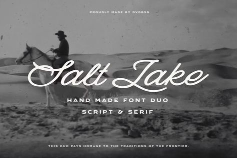 Salt Lake is a blend of rustic charm and enduring style, featuring both a handmade script and a bold serif font. Crafted for logo design, apparel branding, and more, this duo draws inspiration from the American Southwest, infusing elements of its rugged landscapes and rich cultural heritage into its design. Cowboy Font, Type Design Inspiration, Bold Serif Fonts, Illustrator Typography, Rustic Logo, Apparel Branding, Graphic Design Fonts, Creative Typography, Brand Fonts