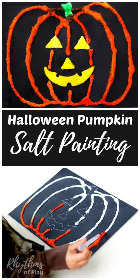 Making a Halloween pumpkin salt painting is an easy art project for kids that only takes minutes to set up. Kids from toddlers to preschoolers and up will enjoy the fun craft technique used to create this raised watercolor decoration. Click through to learn how to make your own DIY Halloween art with links to other ideas! Diy Halloween Art, Halloween Pumpkin Crafts, Halloween Art Projects, Salt Painting, Art Project For Kids, October Crafts, Halloween Kunst, Halloween Preschool, Dr Phil