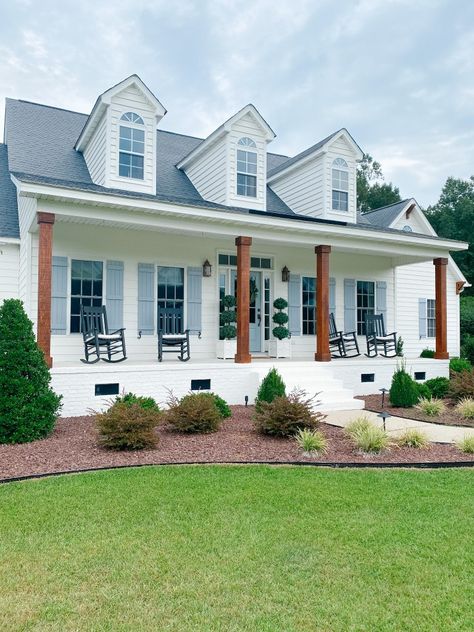 White Farmhouse Exterior Shutters, White House And Shutter Colors, Brick House With Vinyl Siding Addition, House Siding And Shutters Colors, White Brick Foundation Exterior, Wood Shutters Vinyl Siding, White Vinyl Siding House With Brick, Vinyl Siding Update, Shutters Exterior White House