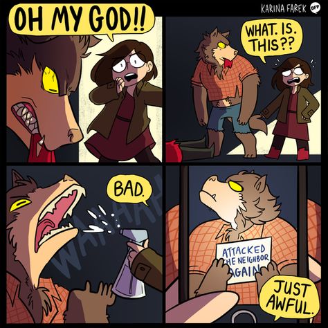 Like werewolf spooky. | 24 Realities Of Your Halloween Karina Farek, 4 Panel Life, Werewolf Aesthetic, Art Pinterest, Werewolf Art, Funny Comic Strips, Online Comics, Short Comics, Bad Wolf