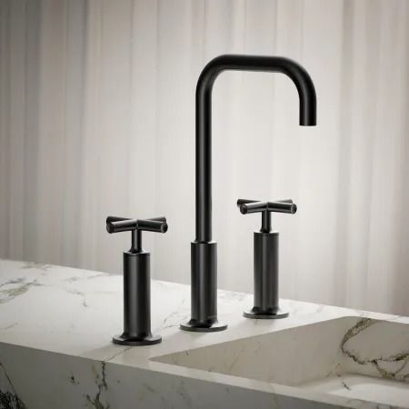 Kohler K-14408-3-BN Purist 1.2 GPM Widespread Bathroom | Build.com Kohler Purist Bathroom, Cottage Basement, Bathroom Faucets Black, Laminar Flow, Kohler Bathroom, Kohler Purist, Matte Black Faucet, Architectural Forms, Kohler Faucet