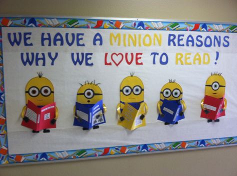 We have a minion reasons why we love to read! … Emoji Bulletin Board, Minion Classroom Theme, Minion Classroom, School Library Bulletin Boards, School Library Decor, Elementary Bulletin Boards, Reading Display, School Library Displays, Reading Bulletin Boards