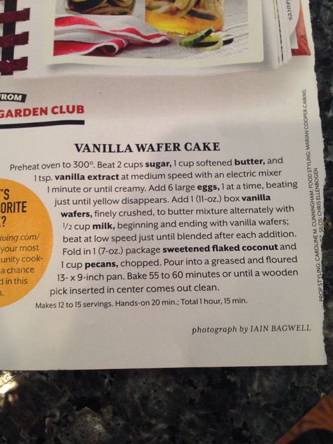 Vanilla wafer cake from Southern Living.   I saw this, too, and it looks fantastic! Recipes On Paper, Vanilla Wafer Cake, Wafer Cake, Crowd Food, Vanilla Wafer, A Spoonful Of Sugar, Recipe Sheets, Sheet Cakes, Cake Bars