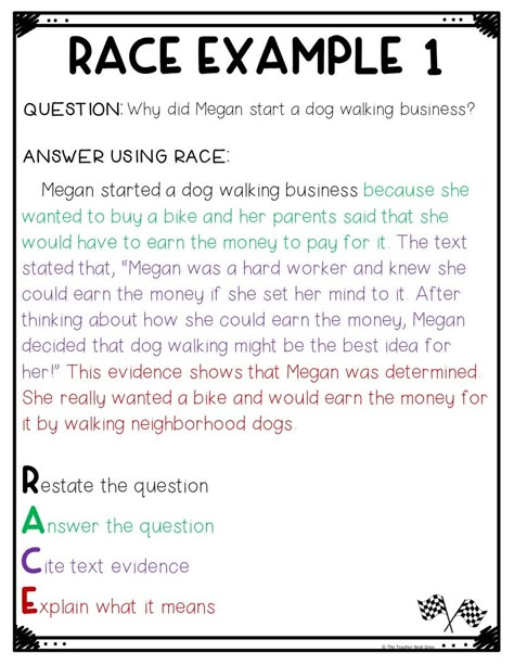 This is an example of a constructed response for text evidence using the RACE strategy. Teaching Race Writing Strategy, Teaching Race Strategy, Constructed Response 3rd Grade, Race Reading Strategy Anchor Chart, Race Strategy Practice, Constructive Response Writing, Race Response Anchor Chart, Race Reading Strategy, Short Constructed Response