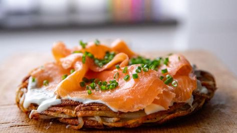 Potato Galettes with Smoked Salmon Recipe | Ina Garten | Food Network Savory Potato Pancakes, Smoked Salmon Recipe, Barefoot Contessa Recipes, Smoked Salmon Recipes, Salmon Potato, Ina Garten Recipes, Potato Pancakes, Salmon Recipe, Smoked Salmon