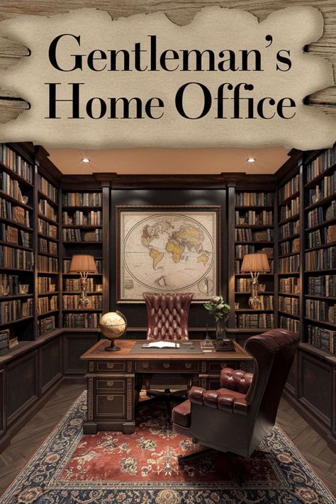 Every gentleman’s office needs a few timeless essentials! Start with a classic desk 🖋️, perfect for writing and working. Add a leather armchair that offers both comfort and style 🛋️, along with bookshelves for a home library design 📚. A dark office design with rich wood and warm lighting sets the perfect atmosphere. Finish with masculine home design. #GentlemansOffice #ClassicOffice #HomeLibraryDesign #DarkOfficeDesign #LuxuryOffice #TraditionalOffice #MasculineHomeDesign #MensLibraryStudy Moody Library Office, Restoration Hardware Office Ideas, Dark Office Design, Gentlemans Office, Traditional Home Offices, Masculine Home Office, Dark Office, Classic Gentleman, Law Office Decor