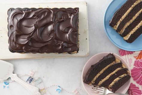 Peanut Butter-Fudge Buckeye Cake Recipe (do not use natural PB) cool frosting and whip for thicker texture. 3-11x13 pans work well I add 1/4 c soft butter to filling. Buckeye Sheet Cake, Brownie Chocolate Chip Cookie, Buckeye Cake, Buckeye Candy, Devil's Food Cake, Peanut Butter Filling, Espresso Powder, Baking Company, Peanut Butter Fudge