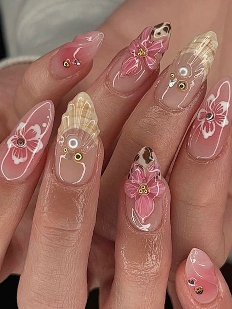 Trendy Nails For Fall, Pink Maximalist, Nails For Fall, Nails Flower, Tropical Nails, Flowers Tropical, Nails 3d, Summery Nails, Girly Acrylic Nails