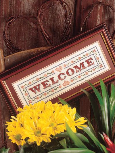 free pattern: "Welcome" Welcome Cross Stitch Pattern Free, Welcome Sign Cross Stitch Pattern, Welcome Cross Stitch Pattern, Cross Stitch Welcome, Welcome Cross Stitch, Pom Pom Animals, Annie's Crochet, Welcome Signs Front Door, Free Pattern Download