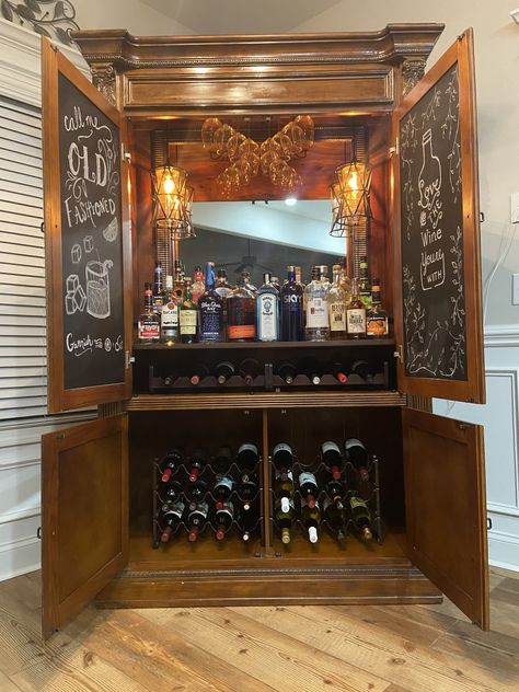 Repurposed TV cabinet into bar Tv Cabinet To Bar, Cabinet To Bar Diy, Diy Bar From Tv Cabinet, Tv Cabinet Turned Into Bar, Tv Cabinet Bar, Entertainment Center Bar Ideas, Repurposed Liquor Cabinet, Liquor Cabinet Makeover, Liquor Cabinet Ideas Diy