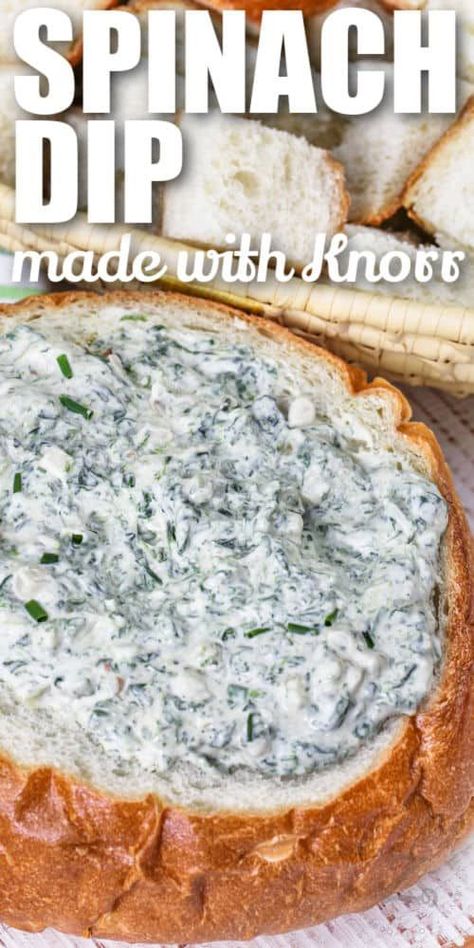 Bring along a big bowl of Spinach Dip made with Knorr to your next party, and put a smile on your host’s face! This delicious, creamy dip is always popular! In this easy recipe for spinach dip, sour cream, and mayonnaise are combined with frozen and thawed spinach, Knorr vegetable soup mix, and chopped water chestnuts. Serve in a hollowed-out loaf of sourdough bread, and watch the crowd gather around! #spinachdipknorr #recipeforspinachdip #spinachdiprecipeknorr #ourzestylife Dip Bread Bowl, Spinach Dip Bread, Spinach Dip Bread Bowl, Spinach Dip Cold, Bread Bowl Dip, Knorr Spinach Dip, Spinach Dip Easy, Pumpernickel Bread, Bread Bowl Recipe