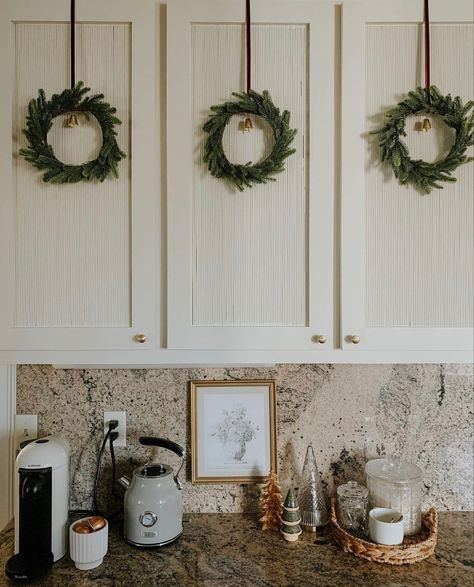 Small Wreaths On Cabinets, Kitchen Cabinet Christmas Decorations, Hobby Lobby Christmas Decor 2023, Christmas Cabinets Decorating Ideas, Christmas Wreath Kitchen, Wreaths On Kitchen Cabinets, Lobby Christmas Decor, Mini Christmas Wreaths, Cabinet Wreaths