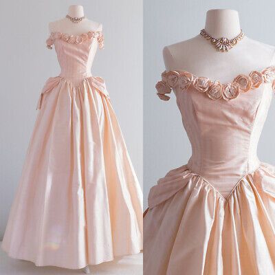 50s Inspired Dress Formal, Dresses From 1800s, 50s Prom Dress Vintage, Tea Length Satin Wedding Dress, Southern Belle Prom Dress, 1960s Ball Gown, Wedding Flower Dress, Princess Core Clothes, Long Sleeve Off The Shoulder Dress