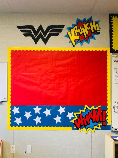 Super Hero Bulletin Boards Elementary, Wonder Woman Bulletin Board, Avengers Bulletin Board, Wonder Woman Classroom Theme, Super Hero Bulletin Board Ideas, Marvel Classroom Theme, Hero Bulletin Board, Superhero Bulletin Boards, Superhero Classroom Decorations