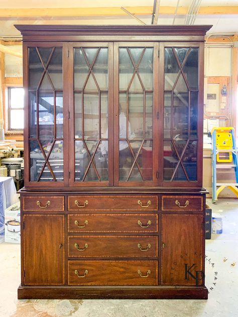 China Cabinet Makeover Before And After Rehab China Cabinet, China Cabinet Makeover Before After, Painted Antique China Cabinet, Painting China Cabinet Ideas, Modern Hutch Makeover, Vintage China Cabinet Makeover, China Cabinet Coffee Bar, Sand Cabinets, Painted China Cabinet Ideas