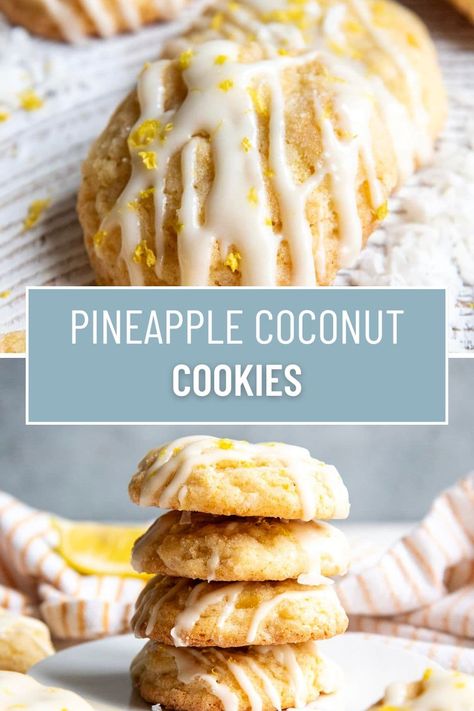 These Pineapple Coconut Cookies combine delicious tropical flavors in a soft cookie topped with a cream cheese glaze. It's like you're transporting yourself to a tropical island paradise, all in the comfort of your home with these refreshing, and fun cookies! Pineapple Cinnamon Sugar Cookies, Fried Coconut Pineapple Rings, Hawaiian Pineapple Coconut Cookies, Coconut Cream Pudding Cookies, Pineapple Upside Down Cookies Recipe, Pineapple Upside Down Cookies, Pineapple Coconut Cookies, Coconut Cookie Recipe, Tropical Cookies