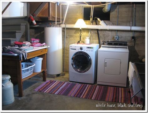 Basement laundry Cellar Laundry Room, Cellar Makeover, Basement Laundry Area, Unfinished Basement Laundry, Basement Window Replacement, Basement Laundry Room Makeover, White House Black Shutters, House Character, Basement Paint Colors