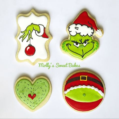 Grinch Sugar Cookies Decorated, The Grinch Cookies, Grinch Christmas Cookies, Christmas Cookies Grinch, Customized Cookies, Iced Christmas Cookies, Holiday Cookies Decorated, Decorated Christmas Cookies, Christmas Sugar Cookies Decorated