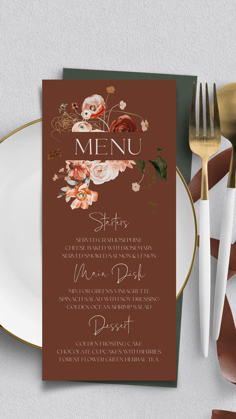 Welcome and warm greetings from LOVE & EVENT!

We are glad to contribute to the preparation of your celebration!

This Template is a fully editable design.
Add Foto on the backside if needed.
Personalize your template in Templett, an easy-to-use template editor that works in your web browser.
You need to try before you buy! Fall Menu Ideas, Wedding Brand, Fall Menu, Terracotta Wedding, Card Templates Printable, Brown Wedding, Wedding Menu Cards, Menu Card, Desert Wedding