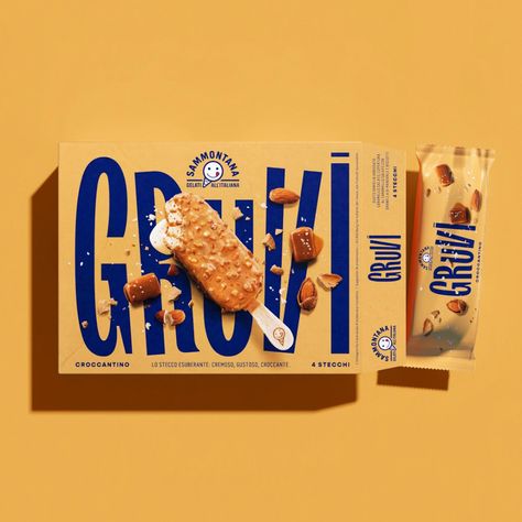 SAMMONTANA GRUVI | 2020 on Behance Gelato Brands, High Contrast Photography, Ice Cream Photography, Typography Packaging, Ice Cream Packaging, Icecream Bar, Food Packaging Design, Bold Typography, Creative Packaging Design