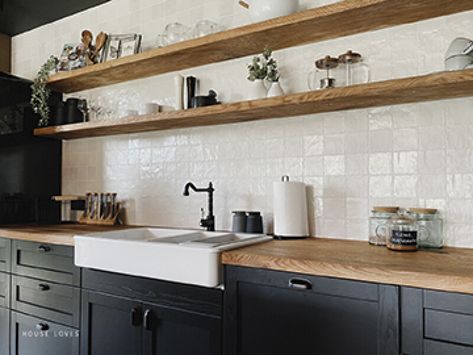 Black Cabinets With Butcher Block, Black Kitchen Cabinets Butcher Block, Cabin Kitchen Cabinets, Kitchen Butcher Block, Black Kitchen Countertops, Kitchen Benchtops, Black Kitchen Cabinets, Kitchen Stand, Cabin Kitchens