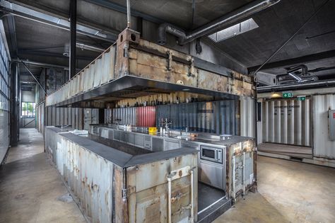 savioz fabrizzi architectes lieu des musiques actuelles sion shipping containers designboom Container Coffee Shop, Container Home Designs, Shipping Container Buildings, Bar Deco, Shipping Container Architecture, Container Restaurant, Container Cafe, Container Conversions, Container Bar