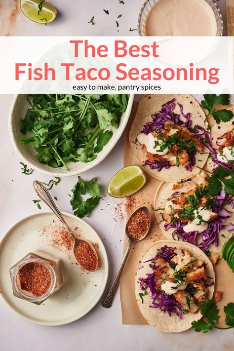 This homemade fish taco seasoning is going to take your Taco Tuesday to a whole new level! Bursting with bold spices like ancho chili powder, paprika, and cumin, you’ll find it’s the perfect blend of spicy and savory flavors to make the best fish tacos! Fish Taco Marinade, Fish Taco Seasoning, Mexican Fish Tacos, Taco Seasoning Easy, Seasoning For Fish, Spicy Fish Tacos, Fish Taco Sauce, Fish Marinade, Easy Fish Tacos