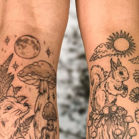 Fun Animal Tattoo, Woodland Theme Tattoo, Woodland Tattoos, Woodland Tattoo Sleeve, Possum Tattoo, Woodland Tattoo, Night Theme, Mushroom Tattoos, Rabbit Tattoos