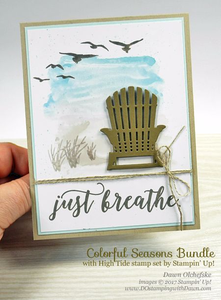 Create a seaside landscape with Stampin' Up! Seasonal Layers Framelit, Colorful Seasons Bundle, High Tide by Dawn Olchefske #dostamping Muskoka Chairs, Beachy Cards, Muskoka Chair, Nautical Cards, Beach Cards, Spring Blossoms, Stampin Up Catalog, Summer Cards, Watercolor Wash