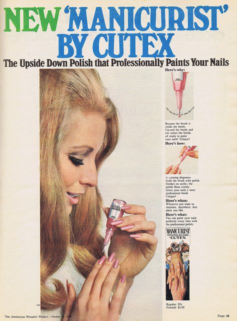 Cutex 'Manicurist' Nail Polish Ad, 1968 60’s Makeup, Makeup Advertisement, Vintage Makeup Ads, Makeup Ads, Retro Nails, Retro Makeup, Nostalgic Images, Vintage Nails, Retro Beauty