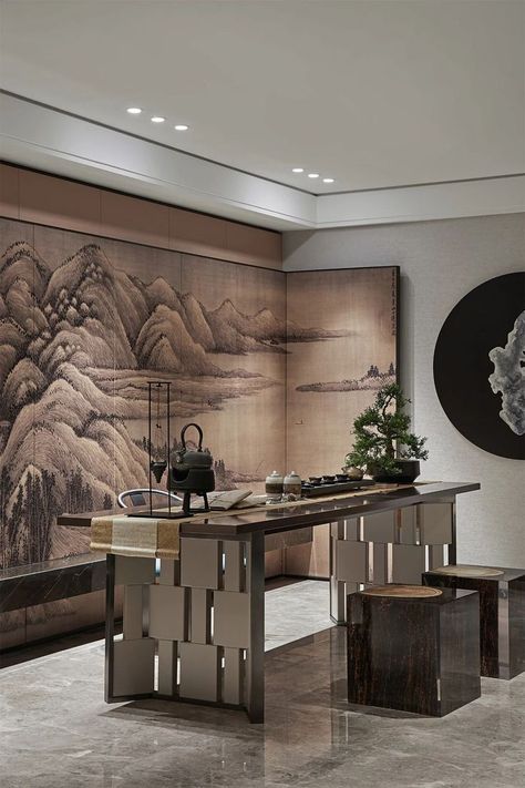 Chinese House Interior, Chinese House, Chinoiserie Style, Modern Chinese, Traditional Modern, Office Table, Tea Table, Tea Room, Office Design