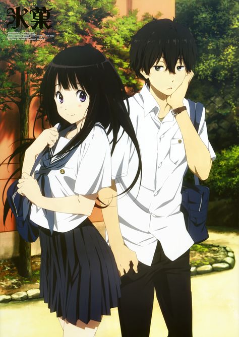 Hyouka (Eru Chitanda, Houtarou Oreki) | Minitokyo Two Anime Characters, Two People, Black Hair, Hair, Anime, White, Black