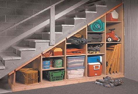 Here are some garage and basement organization ideas that actually ADD SPACE. DIY shelving hacks, garden tool storage, and under-stair storage tips.    #["organizing", "Office & Workspace", "outdoor", "Roundup", "wood", "gardening", "woodworking", "cabinets", "How-To", "Inspiration"] Basement Storage Organization, Basement Storage Shelves, Spring Organization, Stair Shelves, Stairs Renovation, Basement Organization, Tool Storage Cabinets, Staircase Storage, Diy Basement