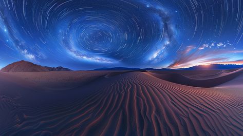 Starry Desert Night: Stunning star trails swirl above rippled sand dunes under a breathtaking sunset in this surreal landscape. #stars #desert #sunset #twilight #night #aiart #aiphoto #stockcake ⬇️ Download and 📝 Prompt 👉 https://ayr.app/l/Hi6D Desert At Night, Maps Rpg, Sky Blanket, Clear Night Sky, Desert Night, Surreal Landscape, Surreal Scenes, Night Background, Bird Book