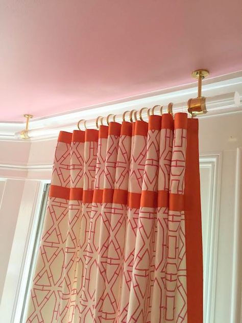 Mount curtain rod to ceiling - the pink clutch ...: One Room Challenge || The Details Vol. 2 Ceiling Mounted Curtains, Ceiling Mount Curtain Rods, Ceiling Curtain Rod, Drink Art, Ceiling Curtains, Make A Room, Diy Ceiling, Pink Clutch, One Room Challenge