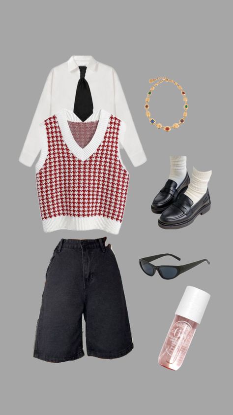 Work Outfit 01 #work #workoutfits #outfit #corporate #genz #sweatervest #longshorts #shorts #blackshorts #office #officestyle #officeoutfit #devilwearsprada #whiteblouse #loafers #blacktie #girlboss Shorts Outfit, Pinterest Outfits, Work Outfits, Short Outfits, Work Outfit, Loafers