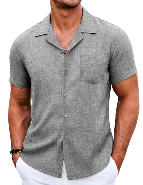 PRICES MAY VARY. Linen Textured Design -- The men short sleeve button down shirts are Linen-like fabric, has the advantages of linen texture and linen fabric --breathable, lightweight, and comfortable to wear, perfect for summer hot days and beach vacations outings. Cuban Camp Collar Shirts -- The men beach linen shirts are feature cuban collar shirts, inspired by old-school Americana and the 1950s style, which are good for casual style and vacation time. Men cuban collared linen shirt represent 1950s Americana, Beach Style Outfit, Mens Holiday Shirts, Cuban Shirt, Men Linen Shirt, 30a Beach, Cuban Shirts, Guayabera Shirt, Shirts Short Sleeve