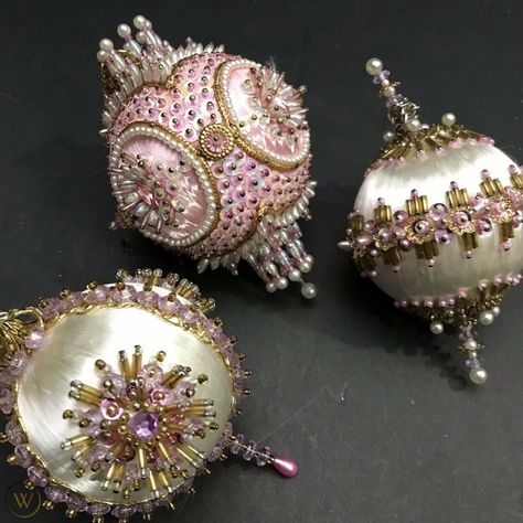 Satin Balls, Vintage Pink Christmas, Fancy Christmas Ornaments, Sequin Ornaments, Victorian Christmas Ornaments, Pink Victorian, White Victorian, Jeweled Christmas, Pink Ornament