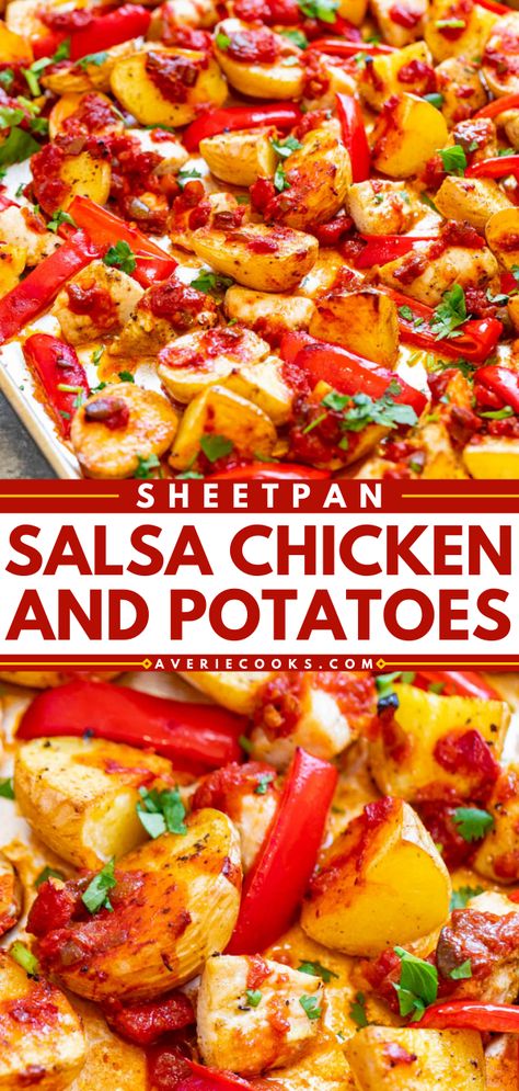 Baked Salsa Chicken and Potatoes (Sheet Pan Recipe!) - Averie Cooks Averie Cooks, Chicken And Potatoes, Sheet Pan Dinners Recipes, Salsa Chicken, Recipe Sheets, Sheet Pan Dinners, Sheet Pan Recipes, Roasted Sweet Potatoes, Chicken And Vegetables