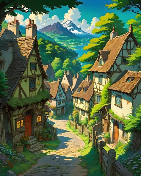 Fantasy Tavern, Town Drawing, Village Drawing, Fantasy Village, Beautiful Landscape Paintings, Quaint Village, Fantasy House, Fantasy City, Fantasy Places