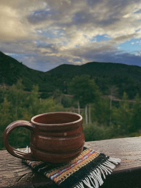 #coffee #rockymountains #backcountry Drinking Coffee On The Porch, Coffee Nature Aesthetic, Coffee In Mountains, Coffee And Mountains, Hot Coffee Aesthetic, Coffee And Nature, Colorado Vibes, Coffee On The Porch, Coffee Mug Aesthetic