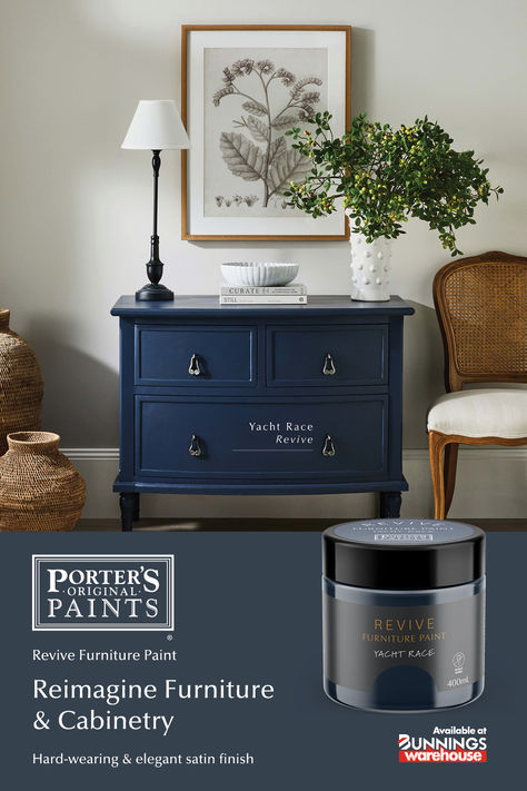 Introducing the next evolution in paint for furniture, cabinetry & trim. Modernise a dated item with a project this weekend with Porter’s Paints Revive Furniture Paint. Available now at Bunnings. Colour: Yacht Race. Paint For Furniture, Coastal Breeze, Yacht Racing, Furniture Paint, Recycled Furniture, Country Farmhouse, Upcycled Furniture, Capsule Collection, Diy Home Crafts