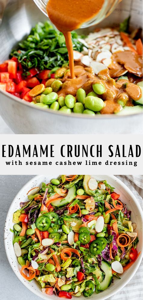 This edamame crunch salad is loaded with fresh crunchy veggies, edamame and the most delicious sesame cashew lime dressing. They're vegan and gluten-free, and perfect for a healthy lunch or dinner! Paleo Salad, Edamame Recipes, Spring Recipes Dinner, Crunch Salad, Edamame Salad, Quick Lunch Recipes, Paleo Salads, Cookies Gluten Free, Vegan Carrot Cakes