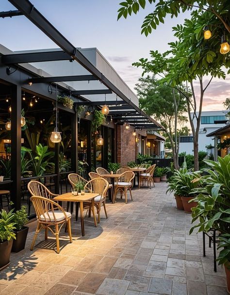 Lounge Exterior Design, Garden Cafe Ideas, Restaurant Patio Design, Outdoor Cafe Design, Outdoor Cafe Seating, Plant Restaurant, Outdoor Cafeteria, Restaurant Landscape, Open Cafe