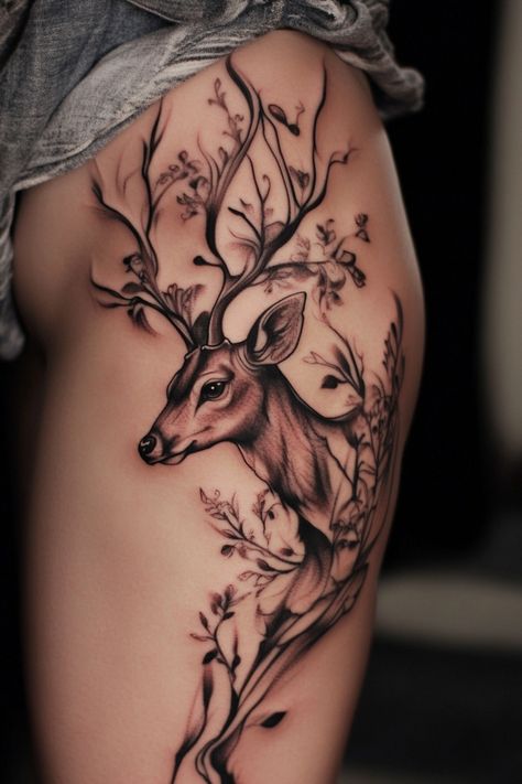 Detailed tattoo of a deer with branches as antlers on a person's thigh. Elk Tattoos, Deer Tattoos For Women, Deer Antler Tattoos, Hirsch Tattoo Frau, Bambi Tattoo, Deer Tattoos, Antler Tattoos, Elk Tattoo, Doe Tattoo